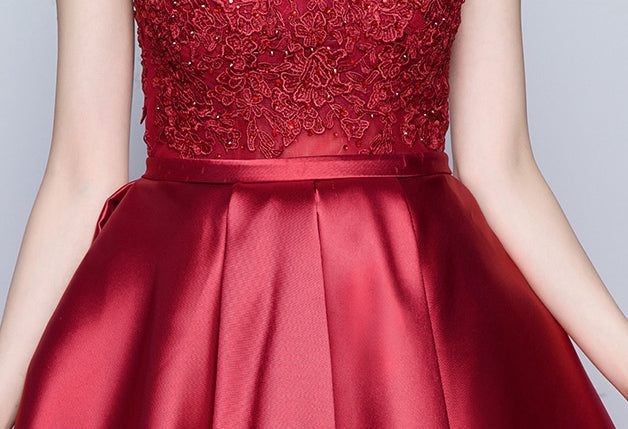 Burgundy lace satin short homecoming dresses