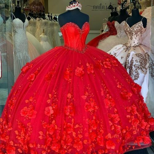 Red Quinceanera Dresses 3D Flowers Princess Corset Back Princess Prom Sweet 16
