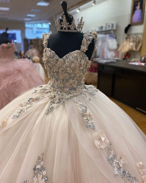 A-line Tulle Ball Gown Puffy Sweet 16 Dress 3D Flowers Birthday Dress