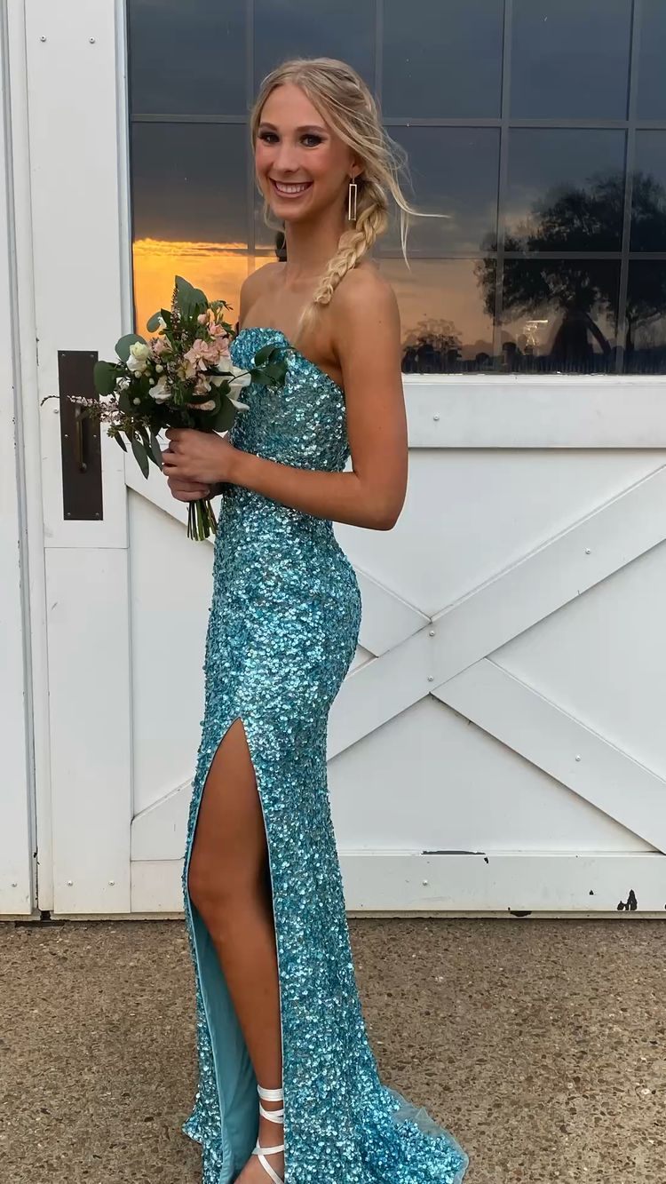 Strapless Sequins Long Prom Dress With Side Slit Sparkly Evening Dress