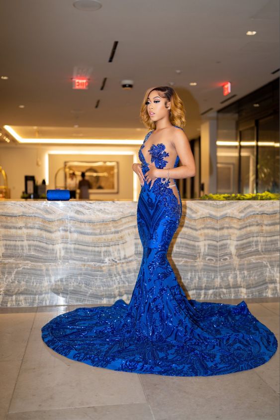 Royal Blue Mermaid Long Prom Dress With Train Sexy Evening Dress