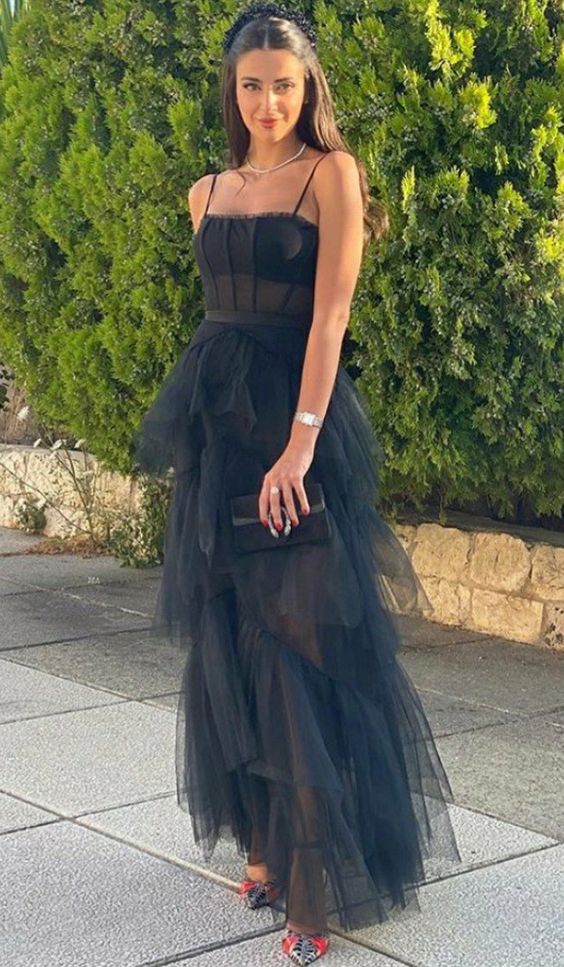 Spaghetti Strap Mesh Corset Gown Long Prom Dress Black Evening Dress