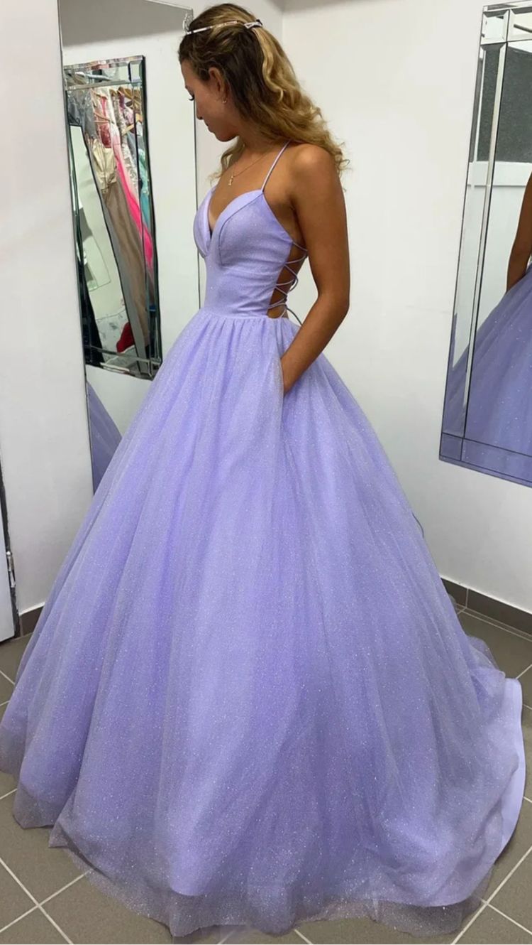 Purple V-neck tulle long prom dress evening dress