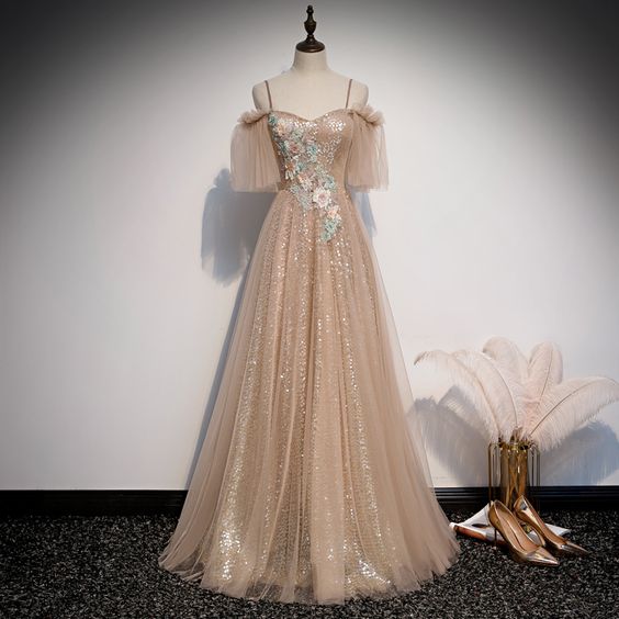 Champagne sequins tulle prom dress formal dress