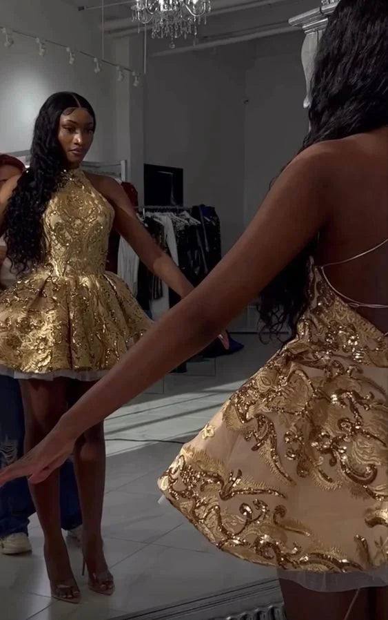 Vintage Gold High Collar Open Back Cross Pattern Sequin Waist A-line Birthday Party Homecoming Dress