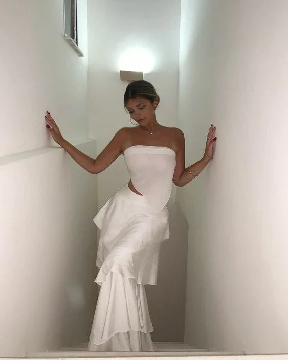 Elegant Two Pieces Strapless Long White Tiered Prom Dress Birthday Outfits