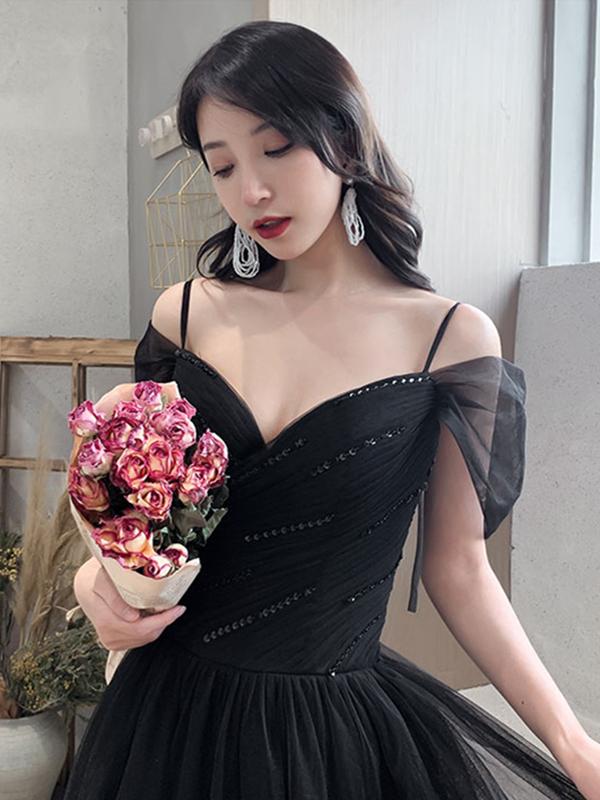Off the Shoulder Black Long Prom Dresses, Black Off Shoulder Formal Evening Graduation Dresses