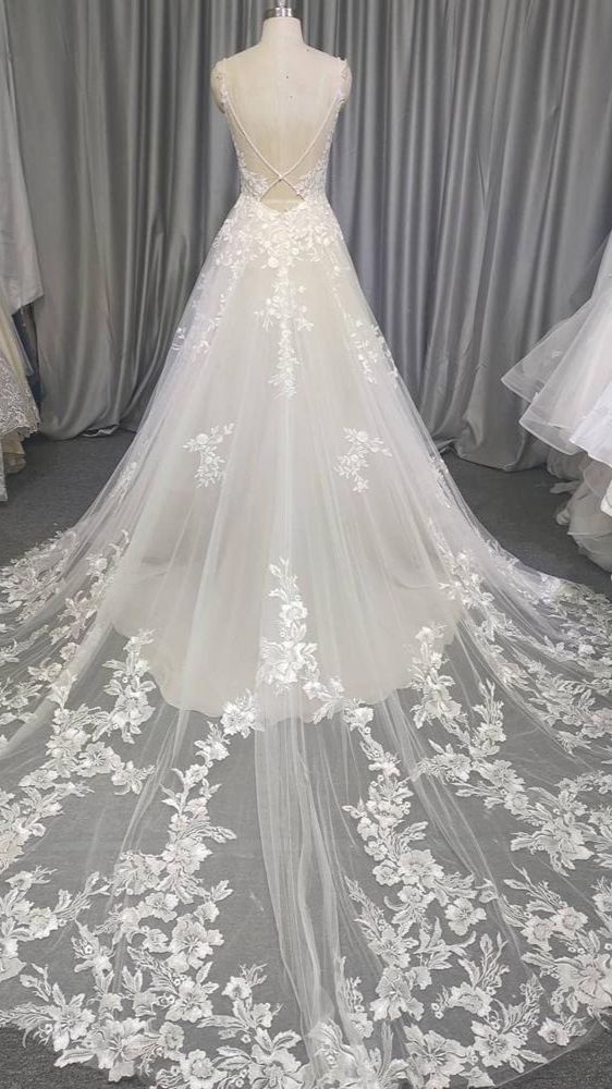 Spaghetti Long Lace Prom Dresses, Romantic Wedding Dresses A-line Wedding Dresses