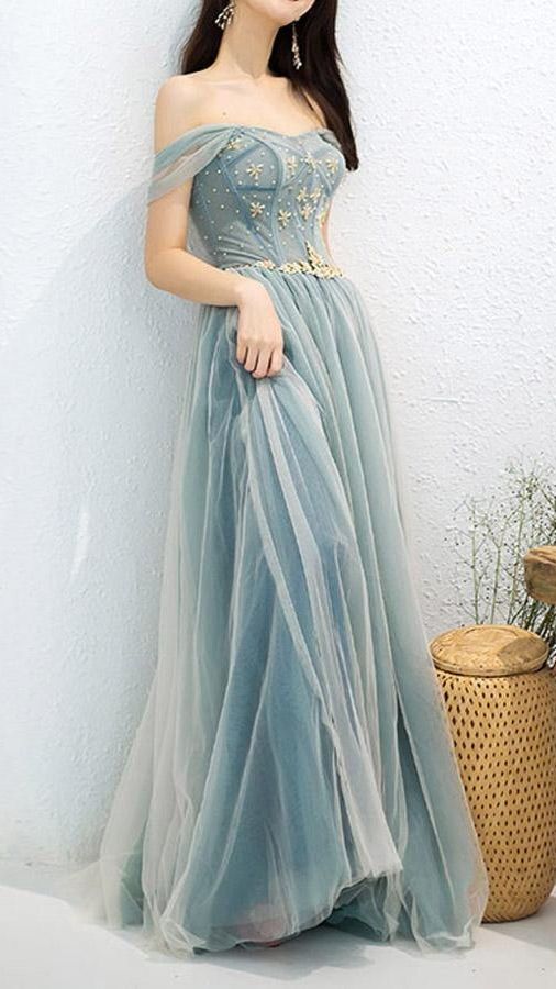 Dusty Blue Tulle Beaded Off-the-Shoulder Long Prom Dresses, Formal Dress