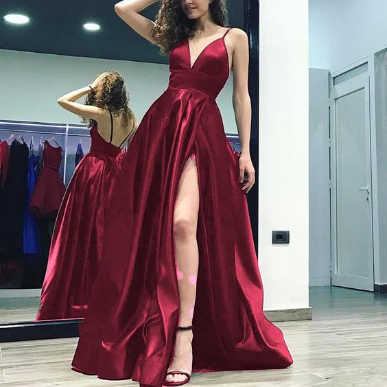 Sexy Side Slit Backless Spaghetti Straps A-line Long Evening Prom Dresses