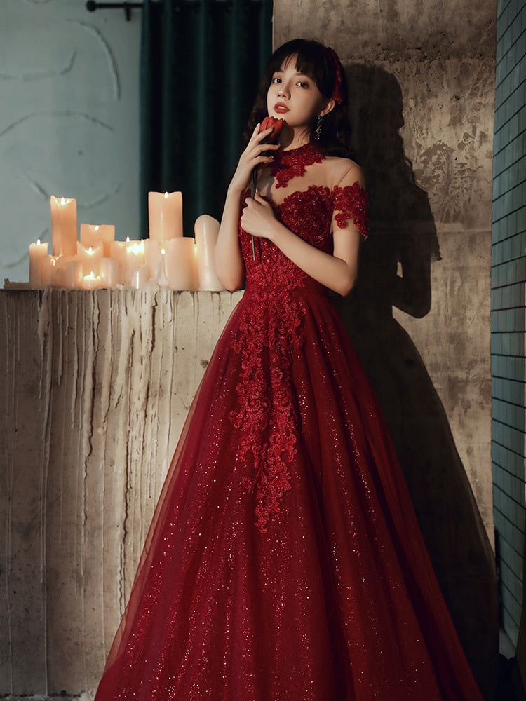 Luxury Burgundy High Neck Beading Evening Dress
