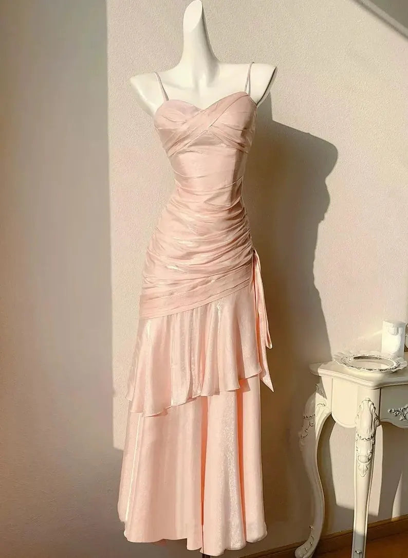 Sweet Pink Mermaid Strapless Pleated Tiered Satin Prom Dress Evening Dress Bridesmaid Dress