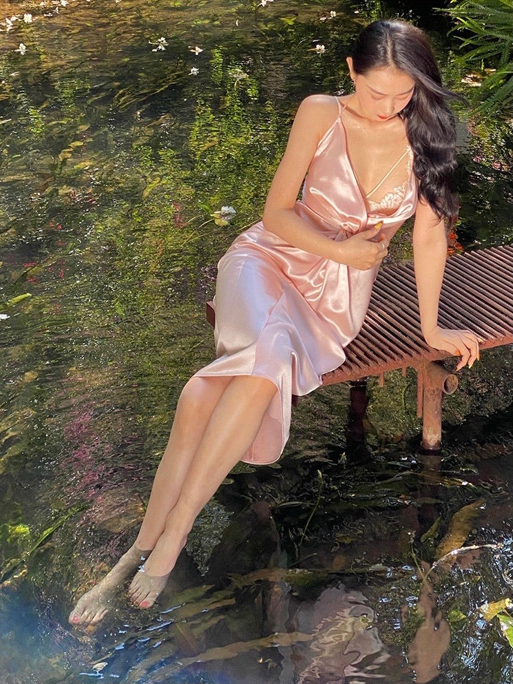 Rose Pink Satin Strap Dress Simple Party Dress