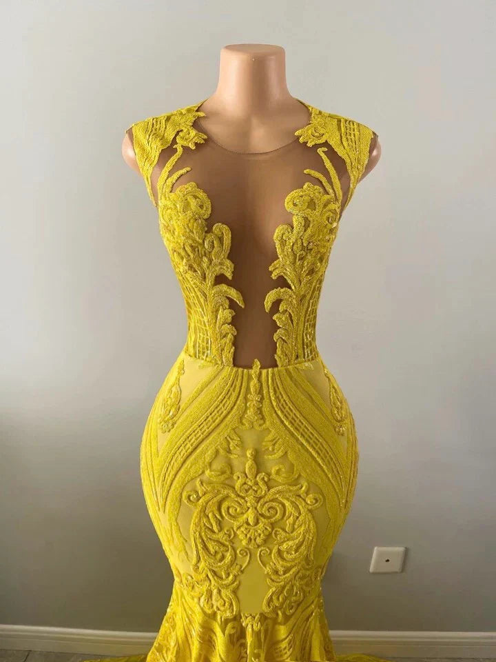 Yellow prom dresses, sheer prom dress, lace evening dress, vintage prom dresses, custom make prom dress
