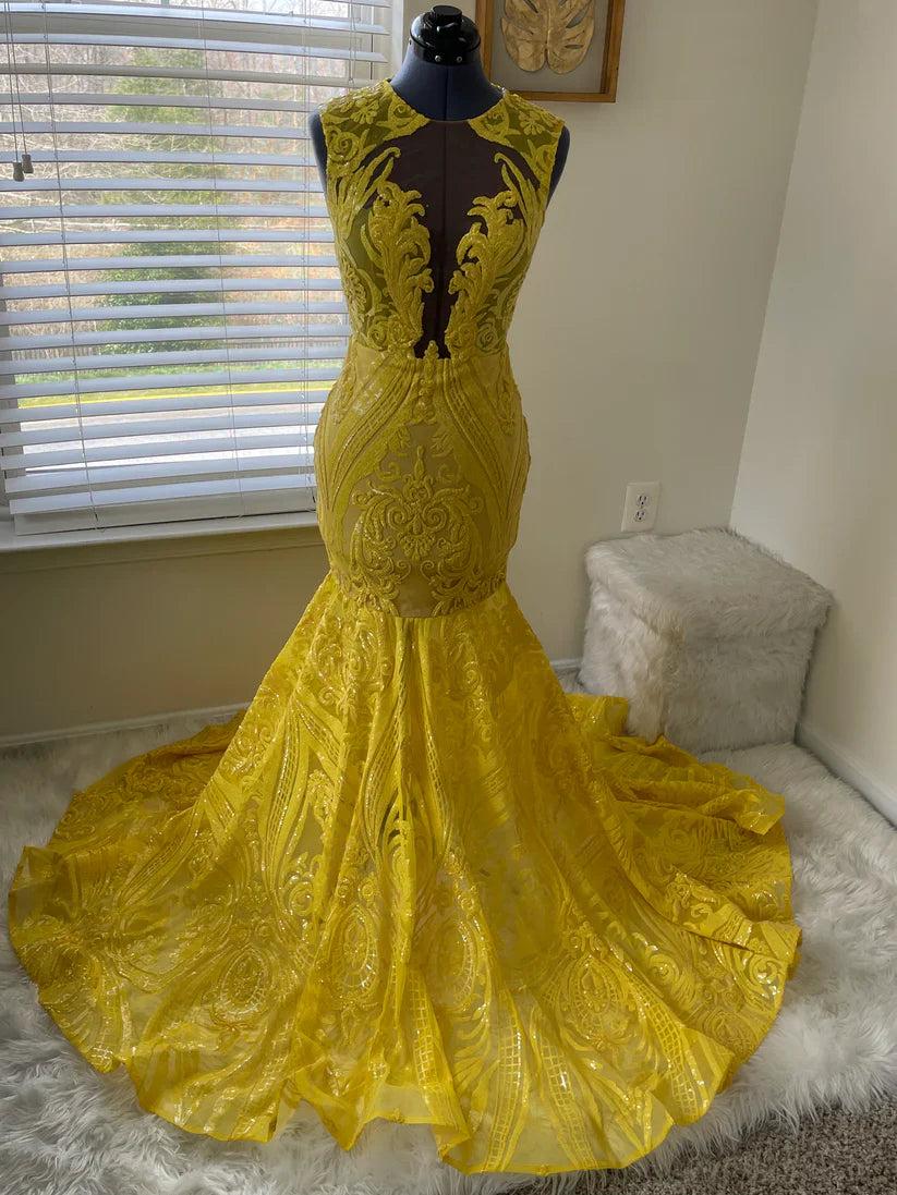 Yellow prom dresses, sheer prom dress, lace evening dress, vintage prom dresses, custom make prom dress