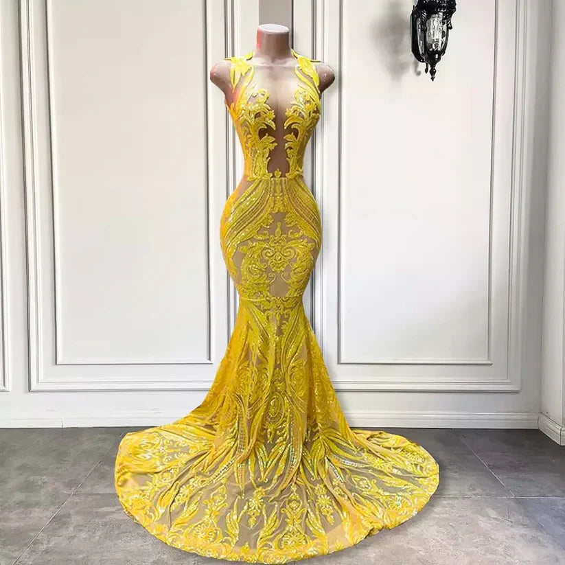 Yellow prom dresses, sheer prom dress, lace evening dress, vintage prom dresses, custom make prom dress