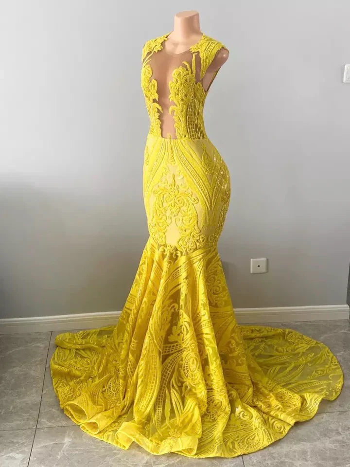Yellow prom dresses, sheer prom dress, lace evening dress, vintage prom dresses, custom make prom dress