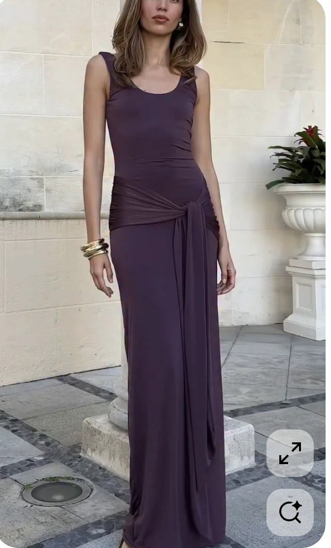 Simple Purple-Gray Spaghetti Strap Twist Satin Long Prom Dress Evening Dress