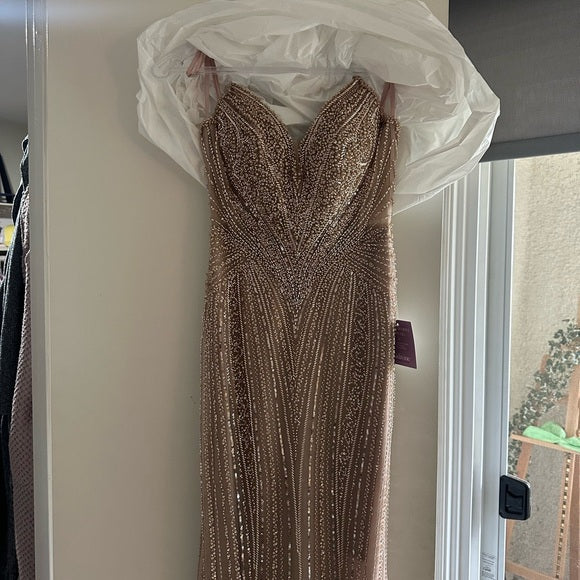 Luxurious Sparkling Champagne V-Neck Beaded Sequin Mermaid Tulle Train Prom Dress Evening Dress