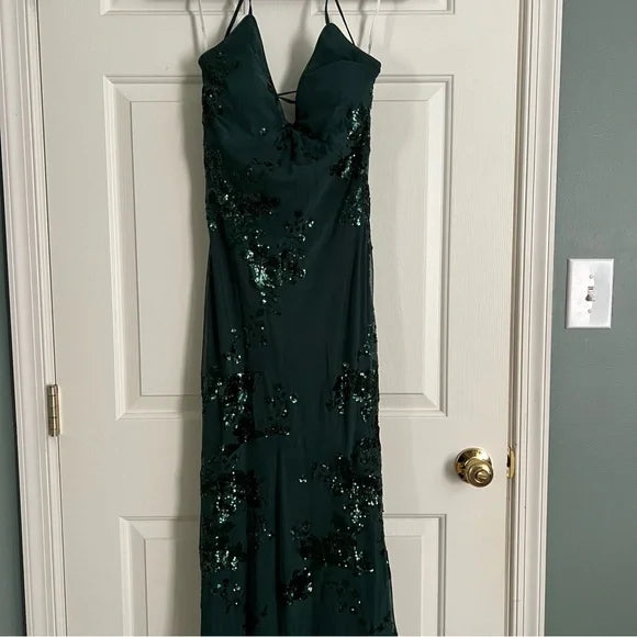 Beautiful Dark Green Mermaid V-Neck Cross-Strap Sequined Long Prom Dress Evening Dress