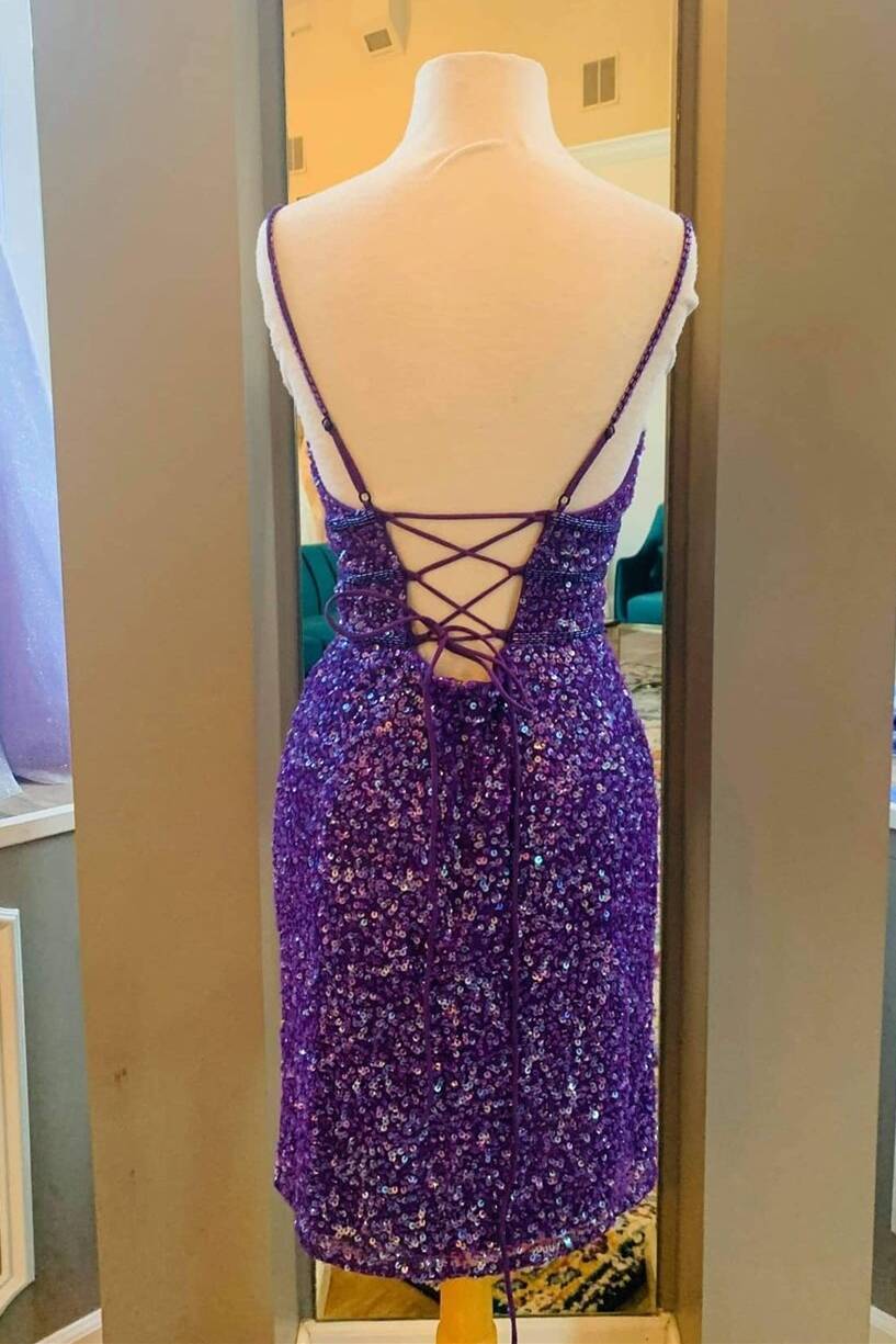 Purple Sequins Tight Short Party Dress