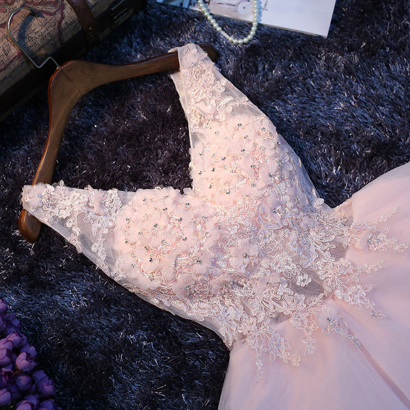 Pink A-line V-neck sequins lace short prom dress,homecoming dress,party dress
