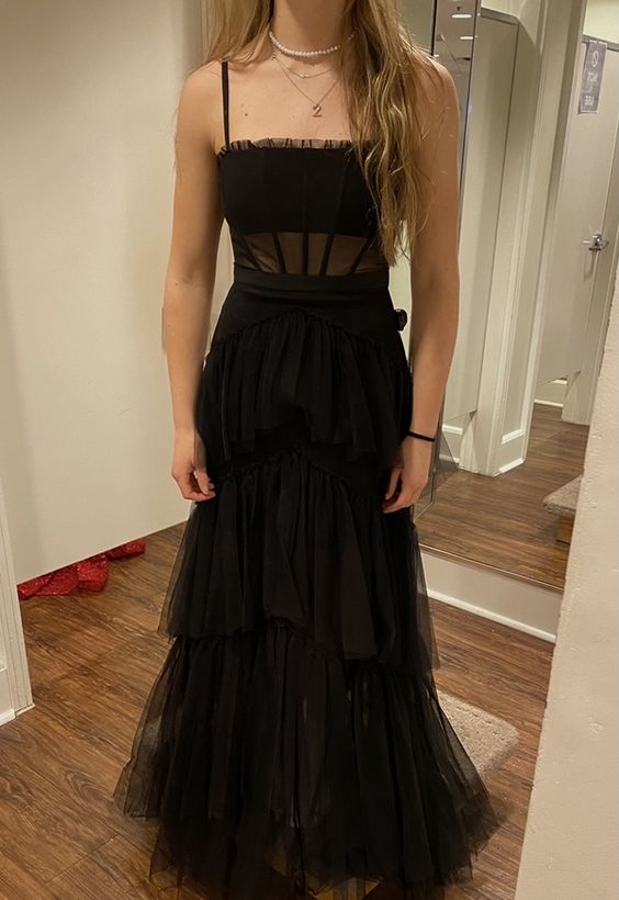 Spaghetti Strap Mesh Corset Gown Long Prom Dress Black Evening Dress