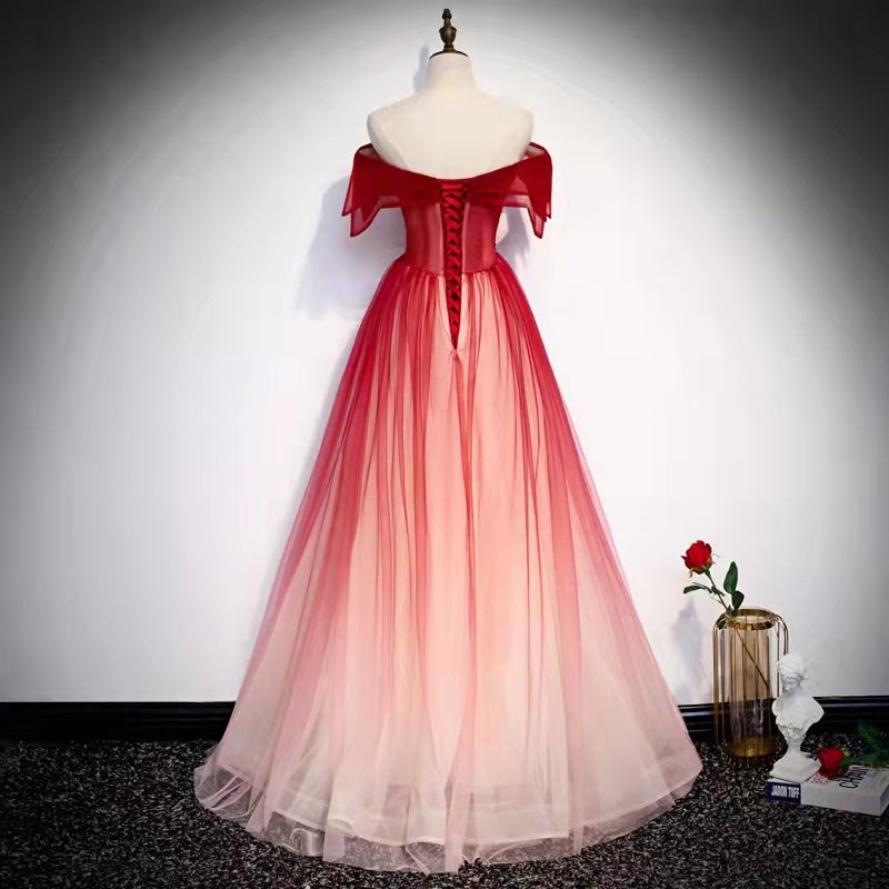 Burgundy off shoulder tulle long prom dress burgundy formal dress