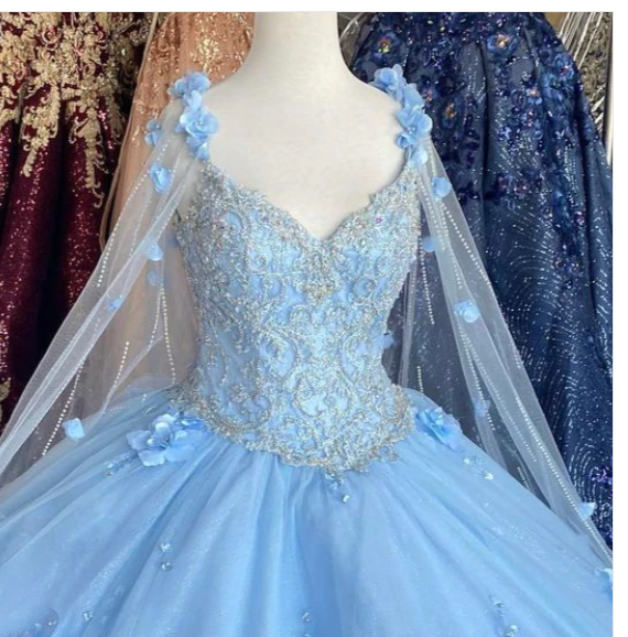 Blue flowers tulle ball gown , chic prom dress