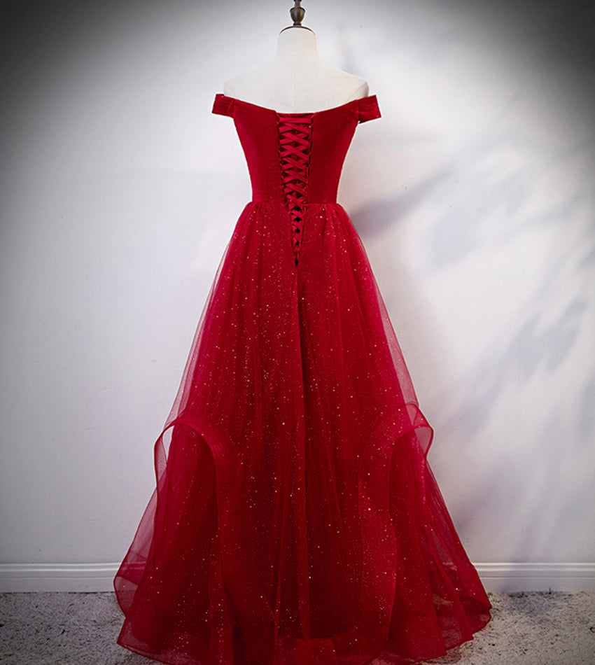 Burgundy tulle long prom dress evening dress