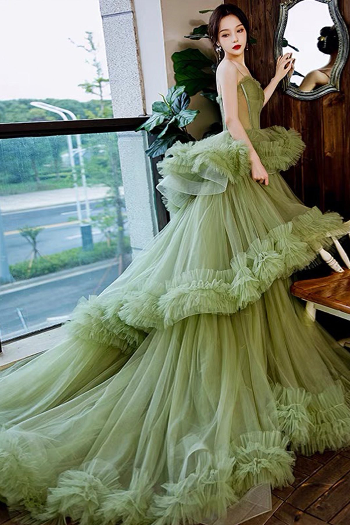 Green tulle long A line prom dress green evening dress
