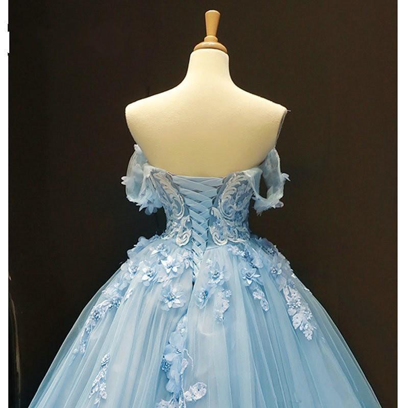 Sky Blue Prom Dresses Cheap 3D Flowers Applique Ball Gown Off Shoulder Corset Back Sweet 15 Quinceanera Dress