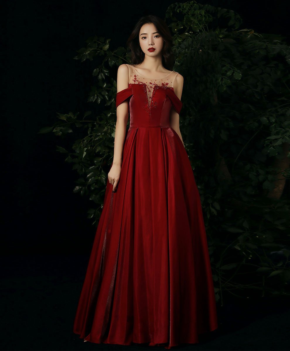 Burgundy round neck beads long prom dress burgundy evening dress