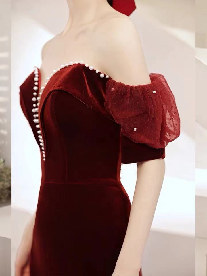 Burgundy party dress,off shoulder evening dress,velvet mermaid long prom dress,backless sexy formal dress,custom made