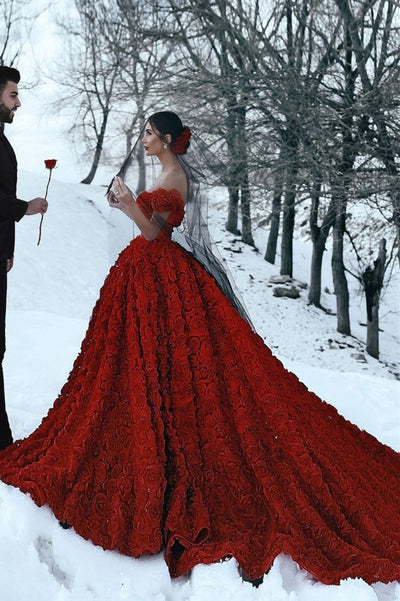 Off-the-Shoulder 3D Floral Printed Ball Gown for Girl Evening Dresses