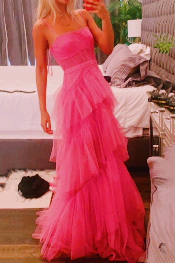 Princess Hot Pink A Line Tulle Long Prom Dress Layered Ruffles Evening Gown