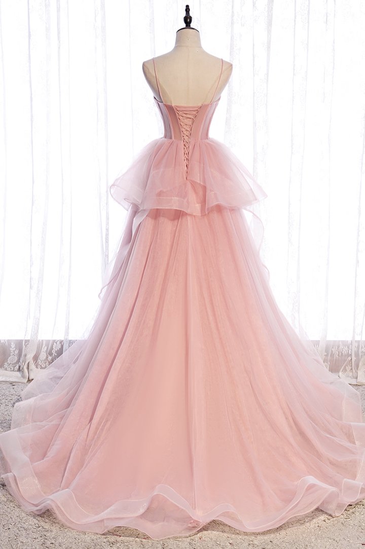 Pink tulle long prom dress A line evening gown
