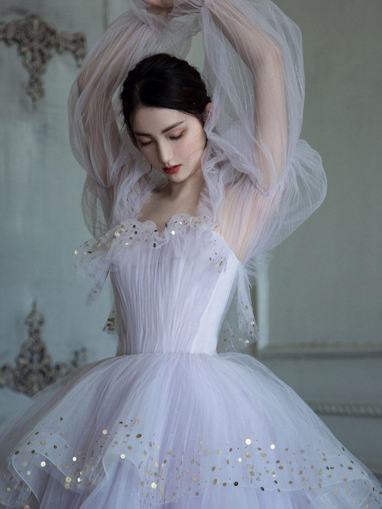 Light purple tulle long prom dress, purple tulle evening dress