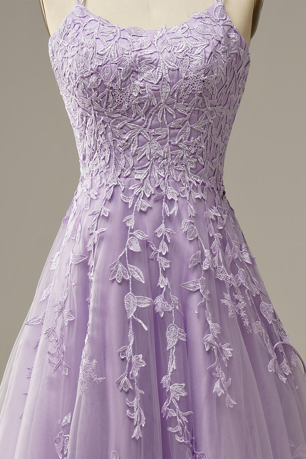 Spaghetti Straps Lilac Tulle Lace Long Prom Dress