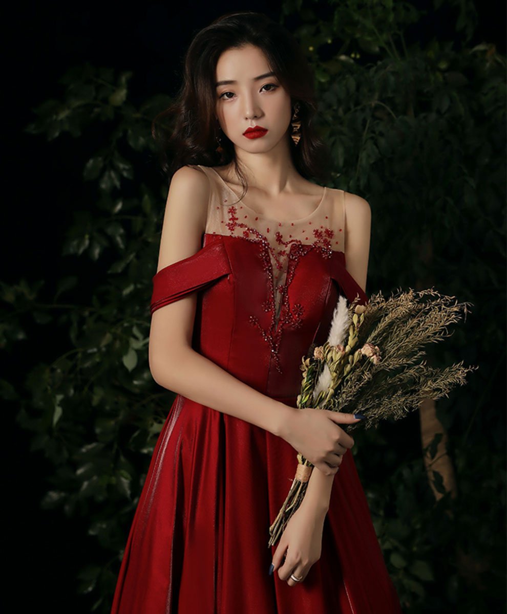 Burgundy round neck beads long prom dress burgundy evening dress