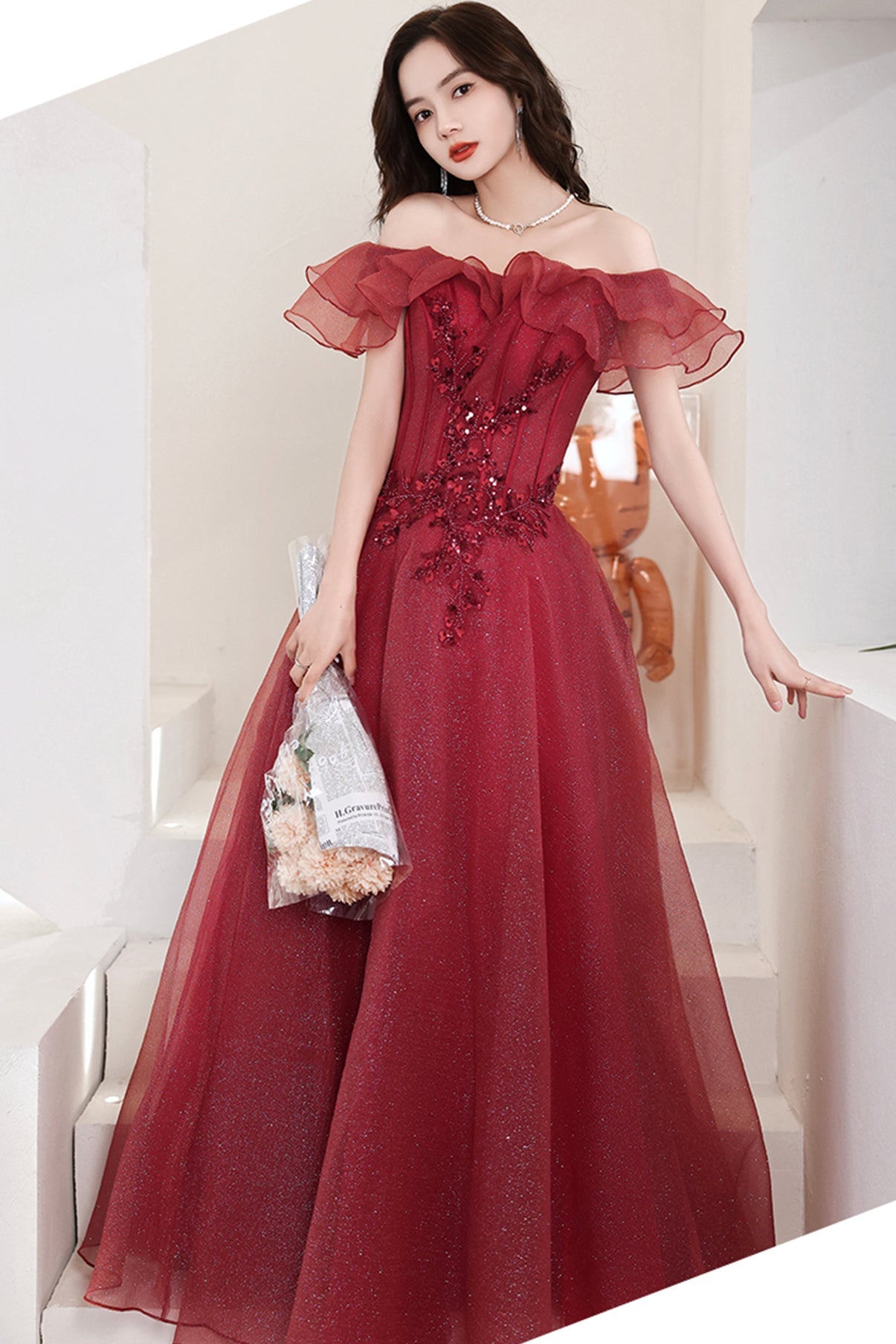 Burgundy Tulle Long A line Prom Dress Evening Dress