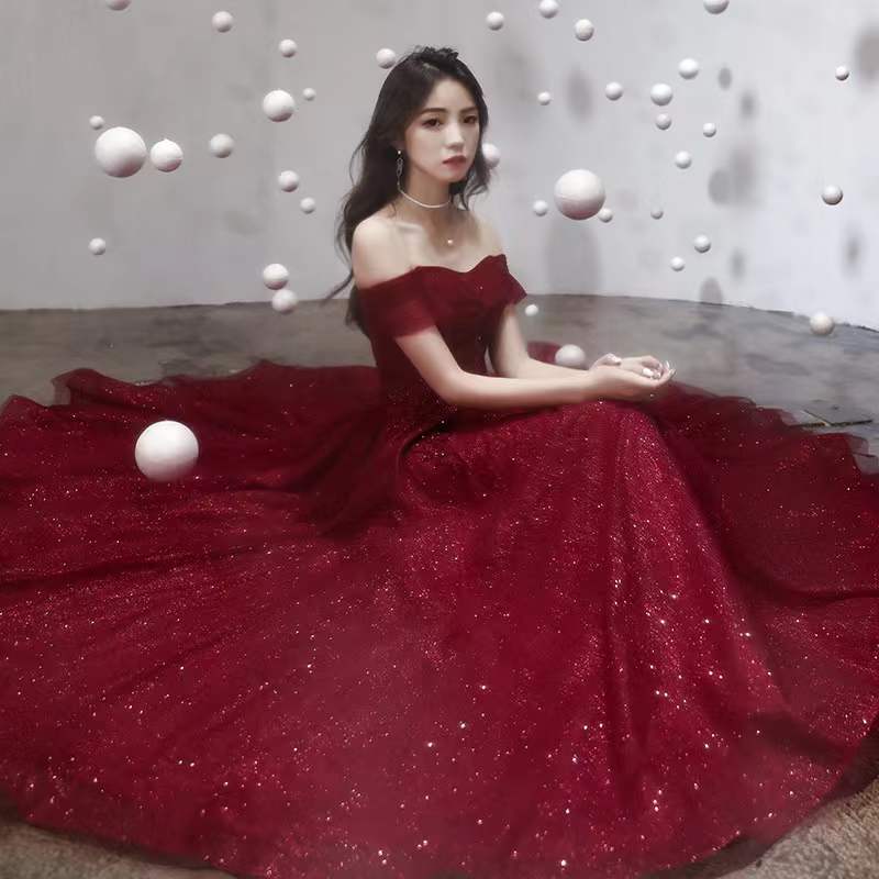 Burgundy tulle sequins long prom dress evening dress