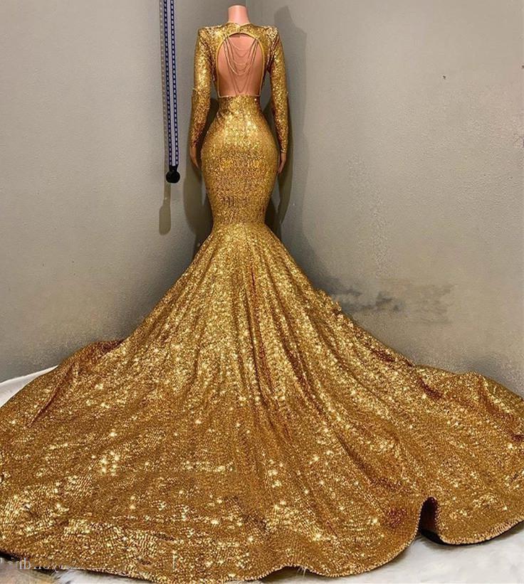 Sexy Mermaid Gold V Neck Backless Long Sleeves Sequence African American Prom Dresses
