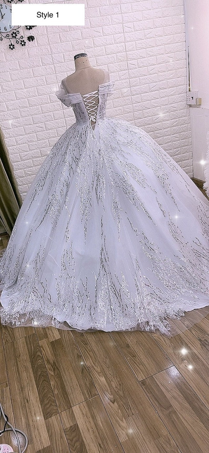 Luxurious white queen style sleeves beaded crystals sparkle ball gown wedding dress with glitter tulle