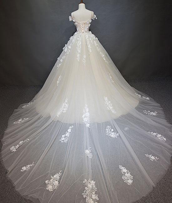 White tulle lace applique long prom dress, white lace wedding dress
