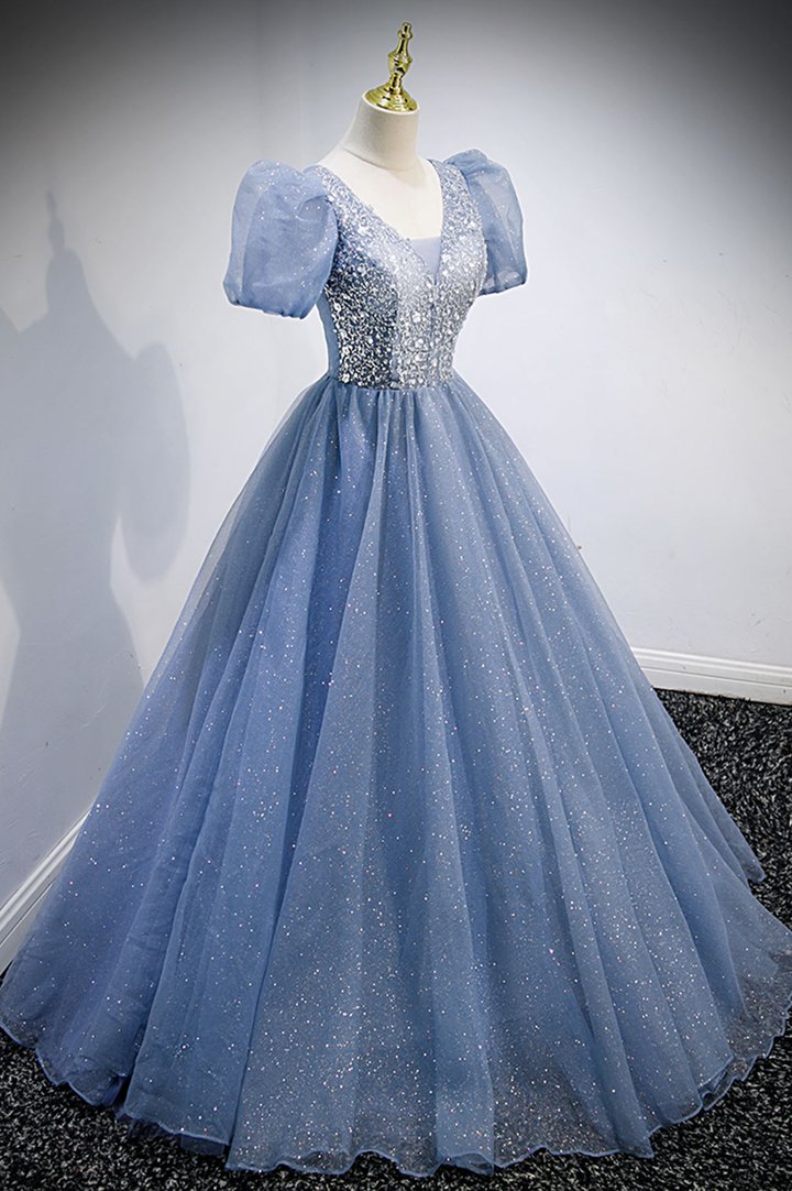 Blue v neck tulle beads long prom dress evening dress