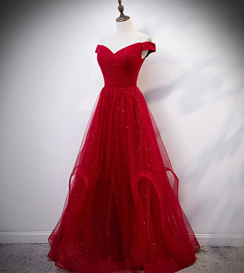 Burgundy tulle long prom dress evening dress