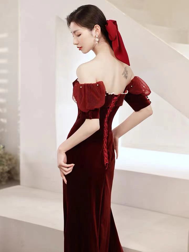 Burgundy party dress,off shoulder evening dress,velvet mermaid long prom dress,backless sexy formal dress,custom made