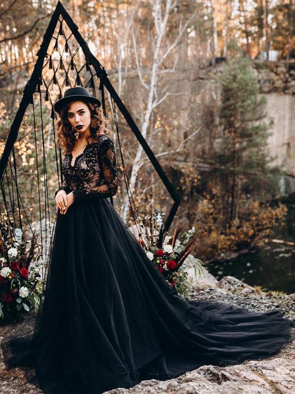Black Long Sleeves Lace Evening Dress Tulle Party Dress