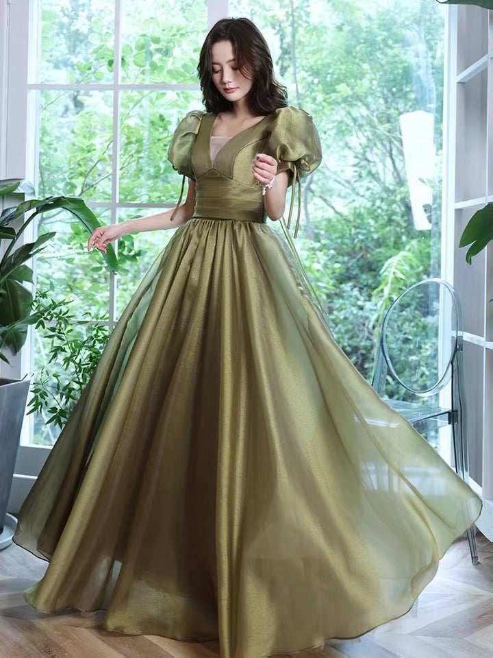 Socialite evening dress, escaped princess high sense party dress, bubble sleeve green prom dress